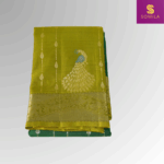 Bottle Green and Lime Green Handloom Silk Saree with Peacock Pallu