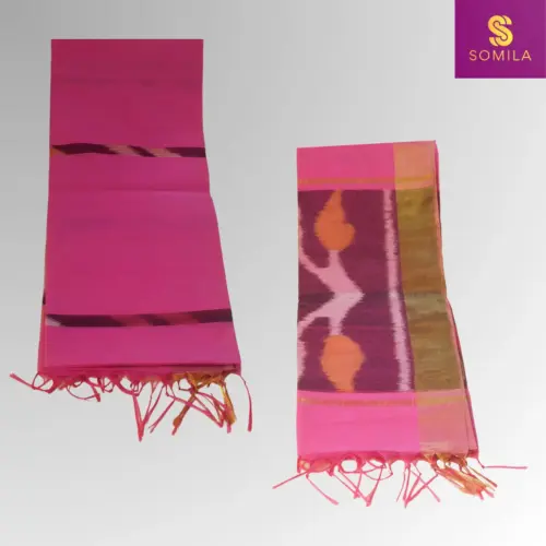 Fuchsia Pink Powerloom Cotton Saree with Abstract Ikat Pallu