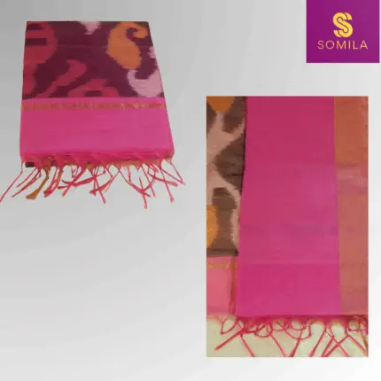 Fuchsia Pink Powerloom Cotton Saree with Abstract Ikat Pallu
