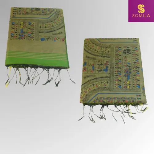 Earthy Green Powerloom Cotton Saree with Folk Art Print