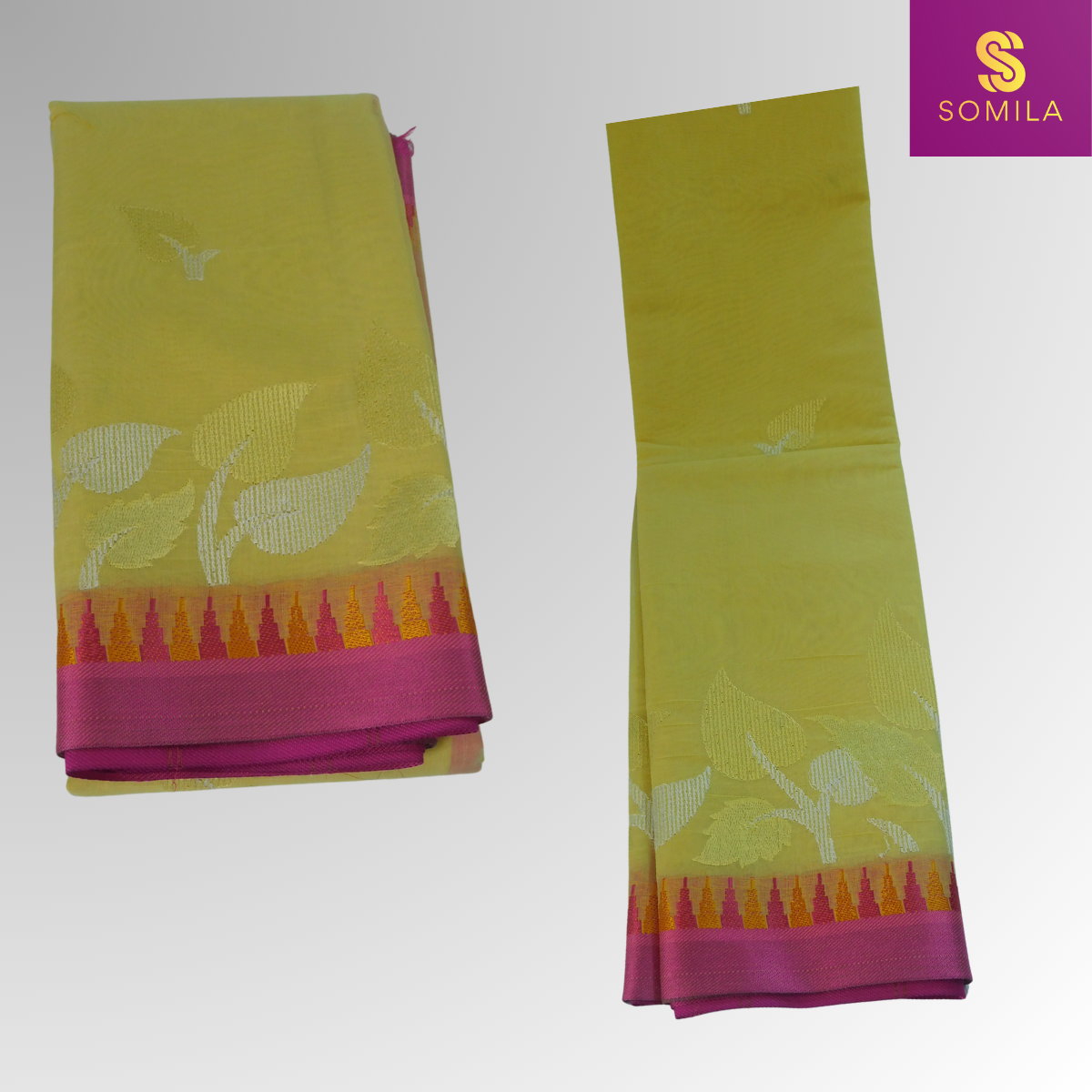Pastel Yellow and Pink Powerloom Cotton Saree with Temple Border Pastel Yellow and Pink Powerloom Cotton Saree with Temple Border
