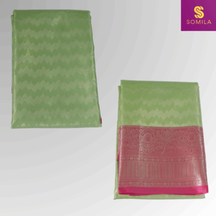 Pastel Green and Pink Powerloom Silk Saree with Paisley Zari Border