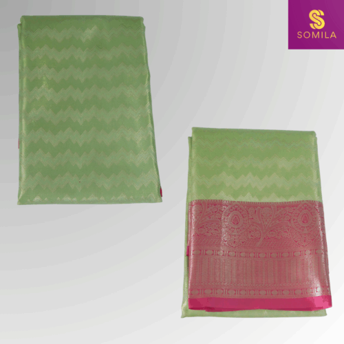 Pastel Green and Pink Powerloom Silk Saree with Paisley Zari Border