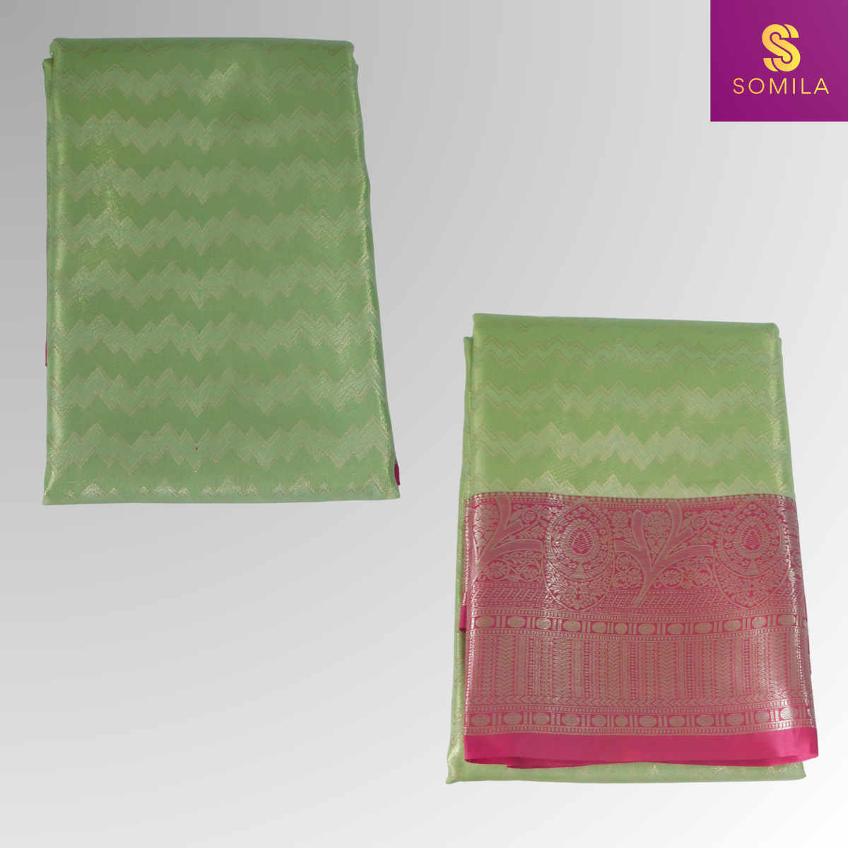 Pastel Green and Pink Powerloom Silk Saree with Paisley Zari Border Pastel Green and Pink Powerloom Silk Saree with Paisley Zari Border