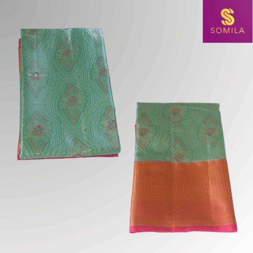 Sea Green Powerloom Silk Saree with Orange Zari Border