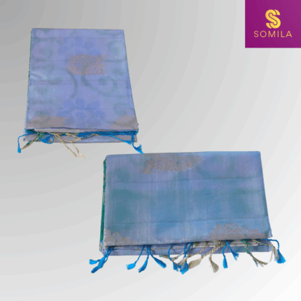 Sea Green and Pastel Blue Powerloom Silk Saree with Silver Brocade