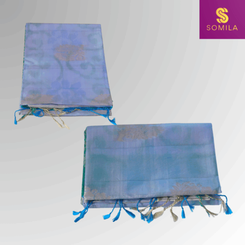 Sea Green and Pastel Blue Powerloom Silk Saree with Silver Brocade