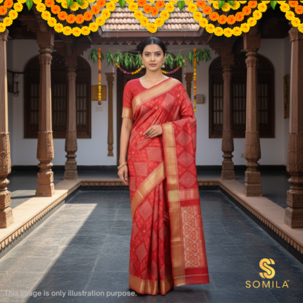 Salmon Red Ikat Powerloom Silk Saree with Tan Zari Border