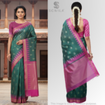Teal Green Leaf Motif Cotton Saree with Plum Border