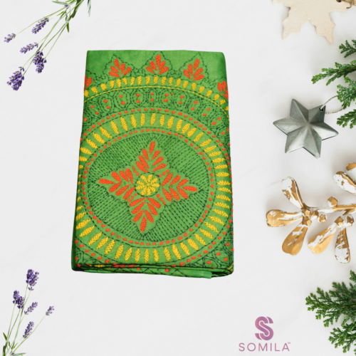 Bright Green Embroidered Cotton Saree with Mandala Pallu