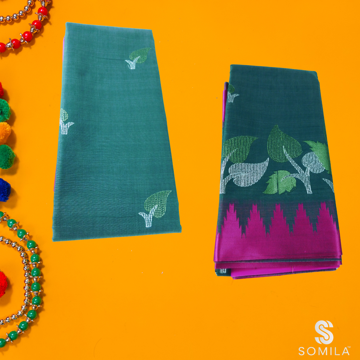 Teal Green Leaf Motif Cotton Saree with Plum Border Teal Green Leaf Motif Cotton Saree with Plum Border