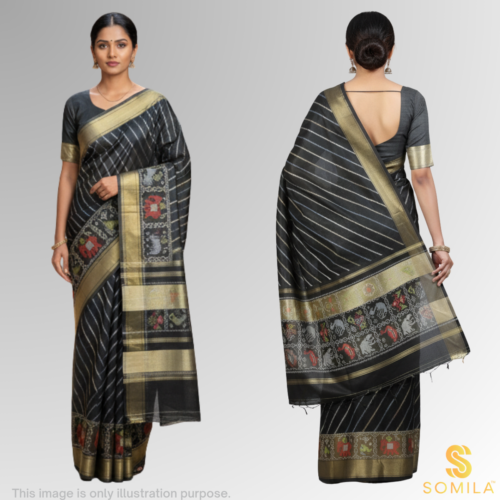 Charcoal Black Ikat Animal Border Cotton Silk Saree with Gold Zari