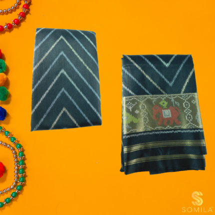 Charcoal Black Ikat Animal Border Cotton Saree with Gold Zari