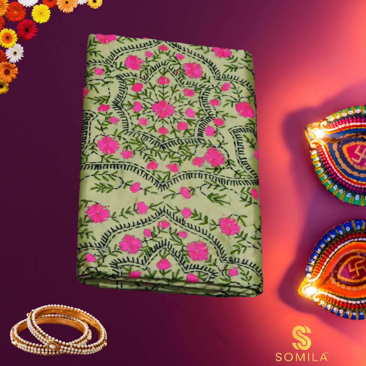 Soft Pistachio Green Cotton Saree with Hot Pink Floral Embroidery Soft Pistachio Green Cotton Saree with Hot Pink Floral Embroidery