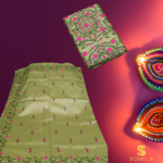 Soft Pistachio Green Cotton Saree with Hot Pink Floral Embroidery - Image 2