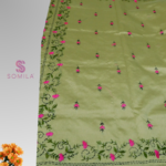 Soft Pistachio Green Cotton Saree with Hot Pink Floral Embroidery - Image 4