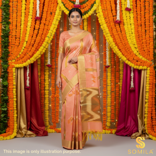 Salmon Peach Ikat Cotton Saree with Olive Zari Border
