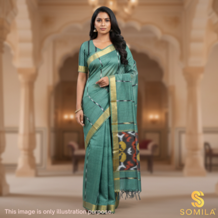 Slate Grey Sea-Green Ikat Cotton Saree with Charcoal Pallu