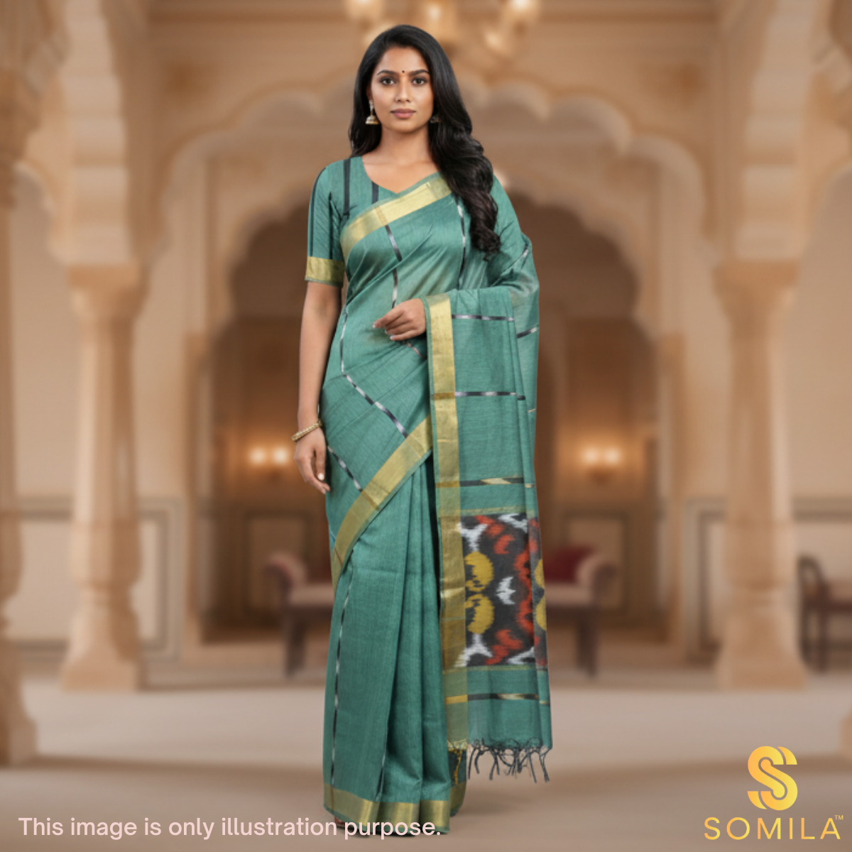 Slate Grey Sea-Green Ikat Cotton Saree with Charcoal Pallu Slate Grey Sea-Green Ikat Cotton Saree with Charcoal Pallu
