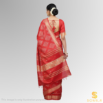 Salmon Red Ikat Powerloom Cotton Saree with Tan Zari Border - Image 5