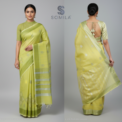 Fresh Lime Green Powerloom Cotton Saree with Silver Zari Motifs