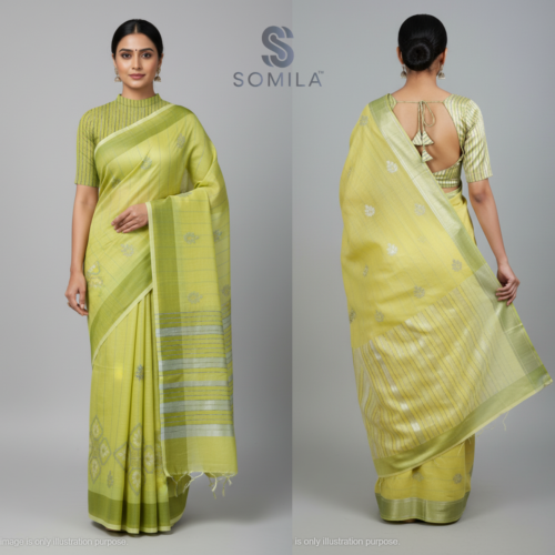 Fresh Lime Green Powerloom Cotton Saree with Silver Zari Motifs