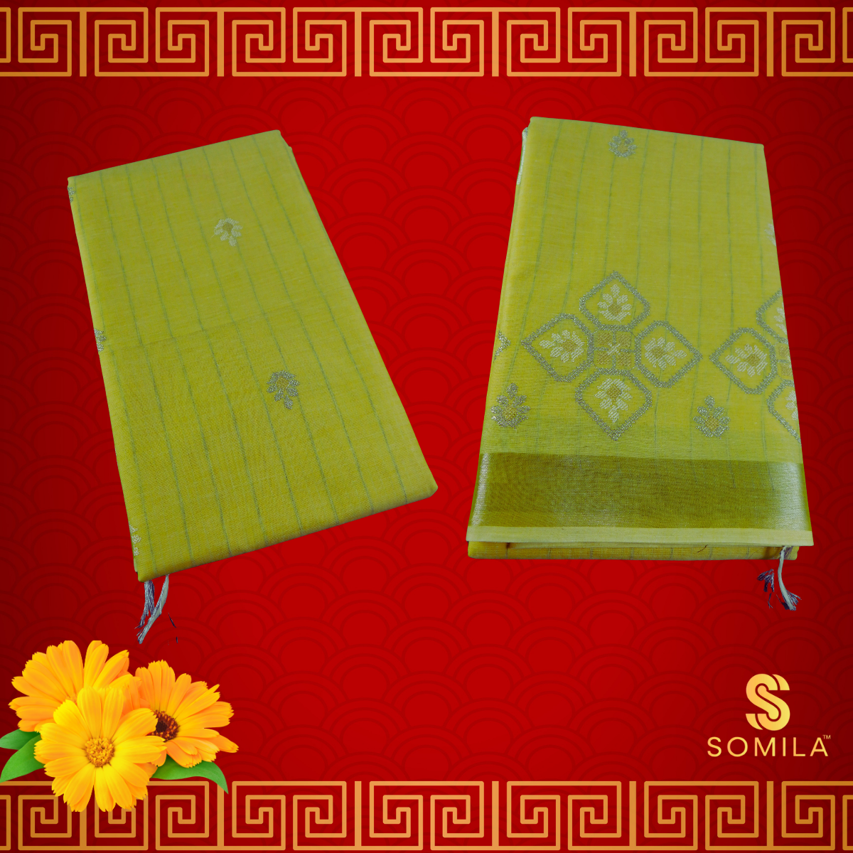 Fresh Lime Green Powerloom Cotton Saree with Silver Zari Motifs Fresh Lime Green Powerloom Cotton Saree with Silver Zari Motifs