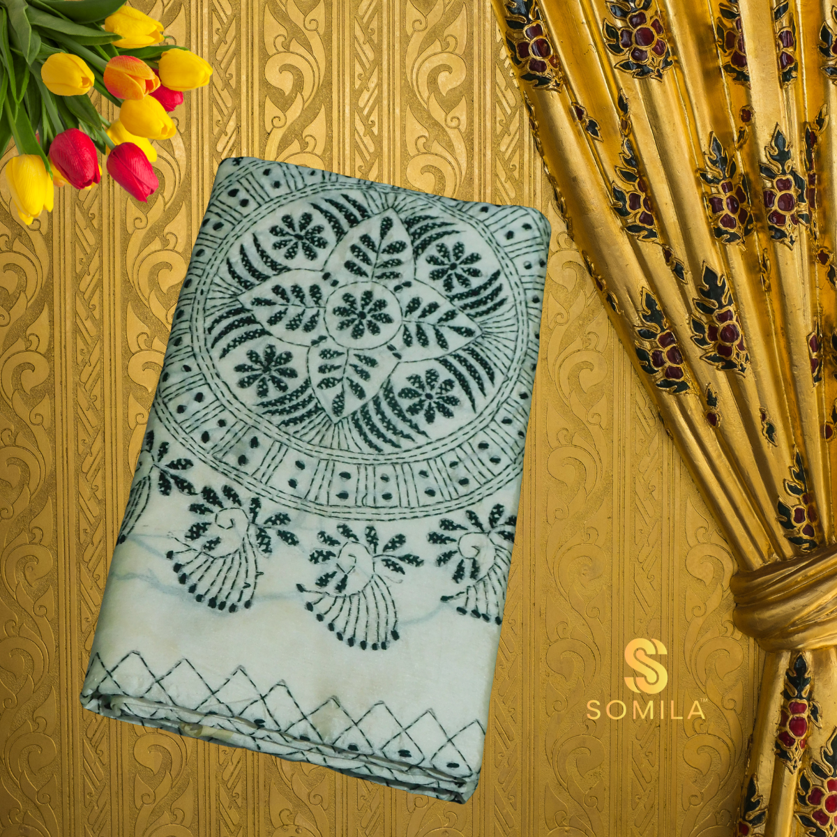 Elegant Ivory Embroidered Cotton Saree with Black Thread Work Elegant Ivory Embroidered Cotton Saree with Black Thread Work