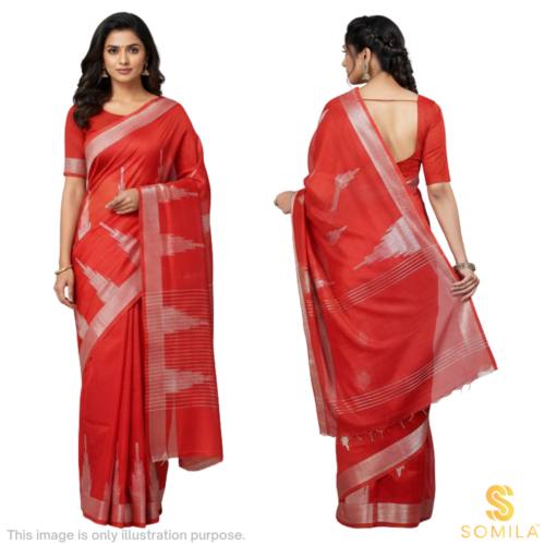 Classic Red Cotton Saree with Silver Stripes & Tonal Ikat Motifs