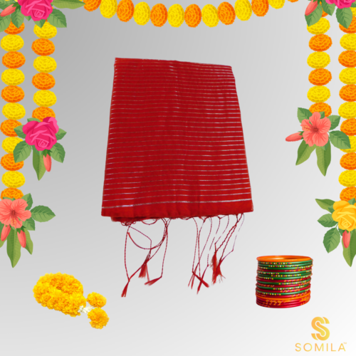 Classic Red Cotton Saree with Silver Stripes and Tonal Ikat Motifs