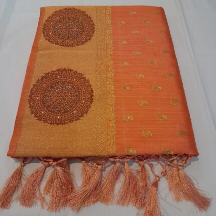 Radiant Sunset Orange Mulberry Silk Designer Saree with Stone-Embellished Zari Border