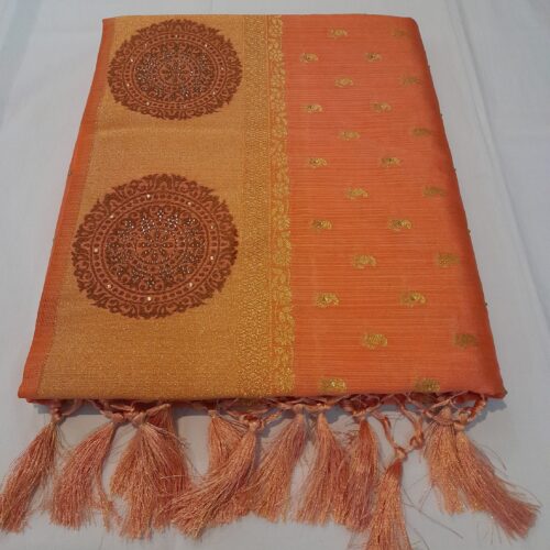 Radiant Sunset Orange Mulberry Silk Designer Saree with Stone-Embellished Zari Border