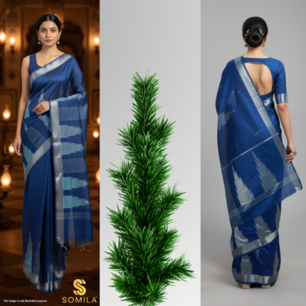 Royal Blue Cotton Saree with Midnight-Blue Pallu and Woven Temple Motifs