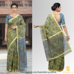 Sage Grey Cotton Saree with Steel-Blue Pallu and Folk-Art - Image 2