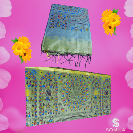 Sage Grey Cotton Saree with Steel-Blue Pallu