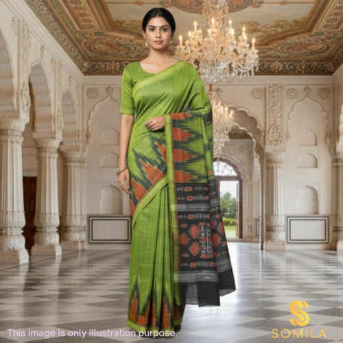 Vibrant Green Ikat Cotton Saree with Rust Border