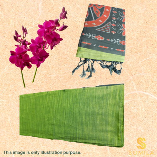 Vibrant Green Ikat Cotton Saree with Rust Border