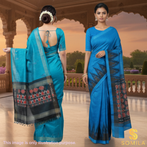 Sky Blue Cotton Saree with Charcoal Ikat Pallu and Rust Motifs