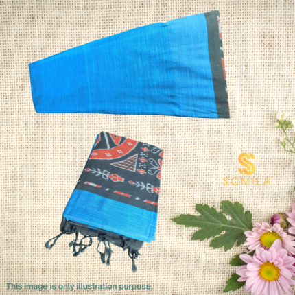 Sky Blue Cotton Saree with Charcoal Ikat Pallu and Rust Motifs