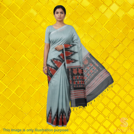 Slate Grey Cotton Saree with Silver Accents & Charcoal Ikat Pallu