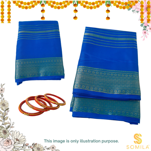 Royal Blue Crepe Silk Saree with Teal-Gold Zari Border & Stripe Detailing