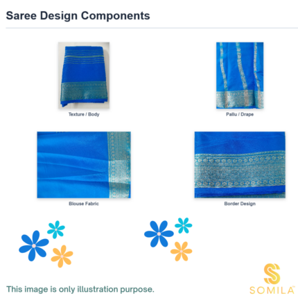 Royal Blue Crepe Silk Saree with Teal-Gold Zari Border & Stripe Detailing