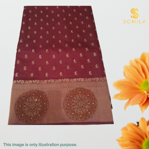 Mulberry Wine (Maroon) Mulberry Silk Saree with Copper-Gold Zari Medallion Border