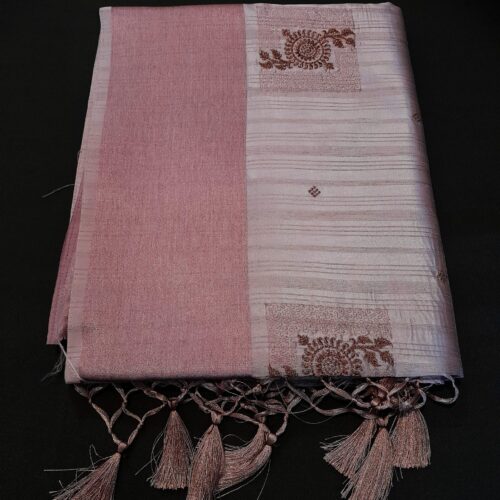 Elegant Dusty Pink Tissue Linen Saree with Copper Floral Embroidery