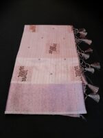 Elegant Dusty Pink Tissue Linen Saree with Copper Floral Embroidery