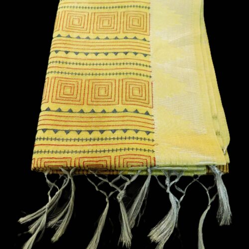 Contemporary Lemon Yellow Tissue Linen Saree with Geometric Tribal Embroidery