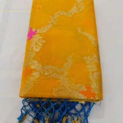 Vibrant Yellow Organza Banarasi Saree with Meenakari Floral Border