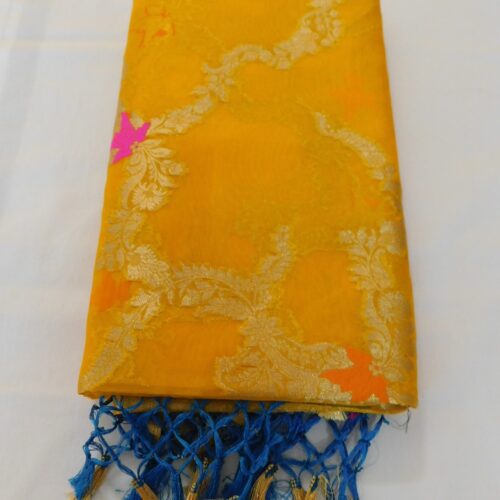 Vibrant Yellow Organza Banarasi Saree with Meenakari Floral Border